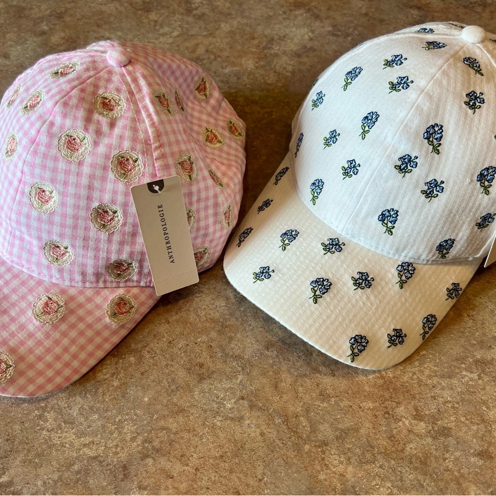 NEW Anthropologie Seersucker Flower Baseball Caps (2)